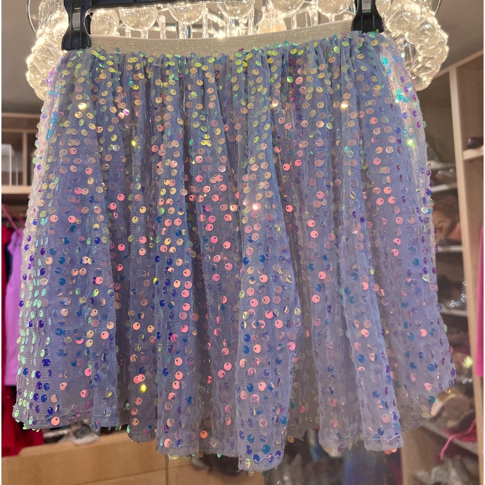 JOCMIC Silver Sequined Tulle Mini Skirt Girls 9-12. Elastic Waist